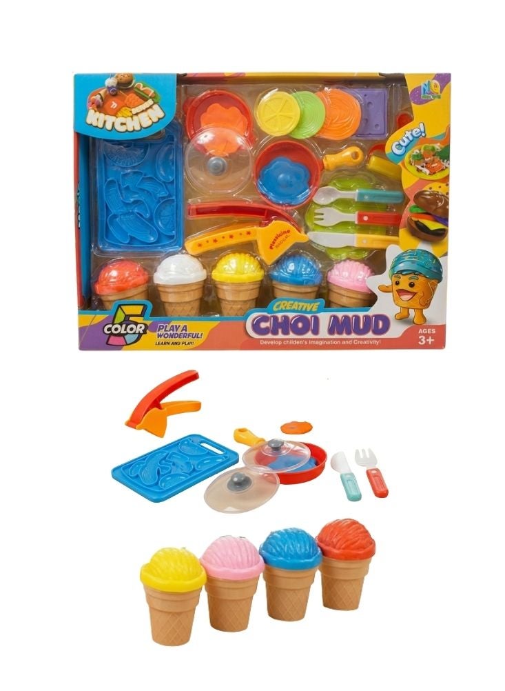 كريتيف مجموعة ألعاب مطبخ الطين والآيس كريم من كرييتيف تشوي مع أدوات طينية وأقماع وأطعمة لعب. - Image 1